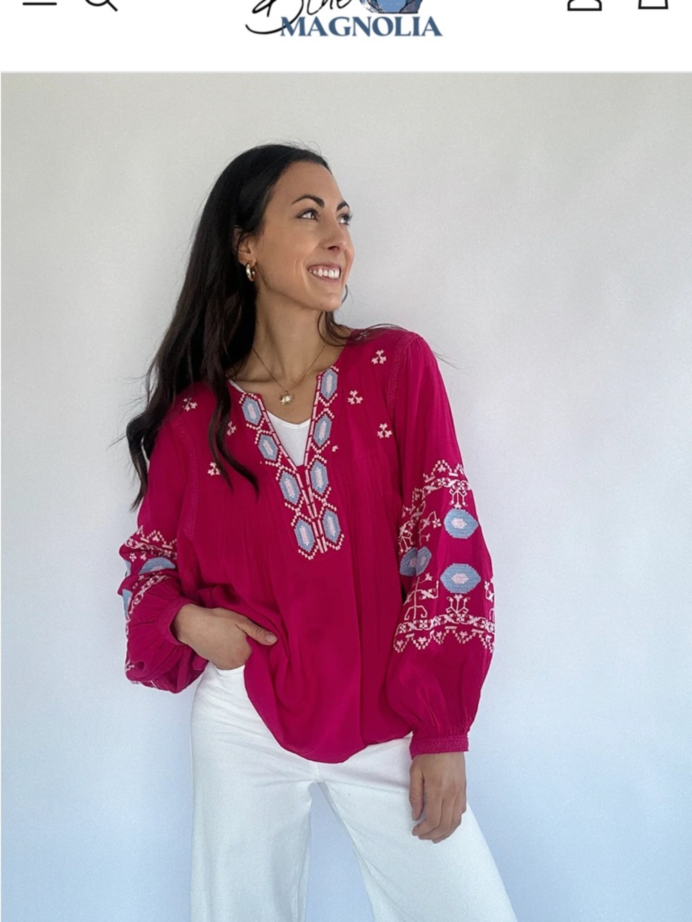 Easel Embroidered Boho Peasant Top - Pink